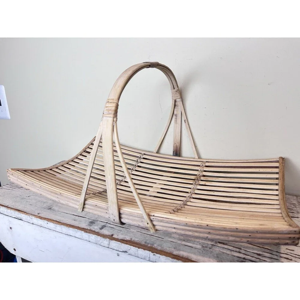 Vintage White Washed Bent Bamboo Garden Trug Handled Flower Basket 20”